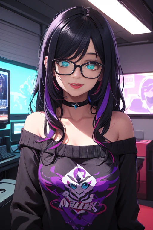 wide shot, ((best quality)), ((highly detailed)), masterpiece, (detailed eyes, deep eyes), (1girl), dynamic angle, cowboy shot, mlptwilightsparkle, woman, smile, looking at viewer, ((straight purple hair with a pink stripe)), ((purple eyes)), Standing next to a computer panel, , large breasts, realistic proportions, curvy body, lipstick, curvy hips, busty, subtly visible breasts, (((star trek warp core background))), dim lighting, facing computer screen, (((black uniform, grey shoulders))),(((unzipping uniform))), thick rimmed glasses, high ponytail, (((visible lace bra))), opening jacket, holding a tablet,