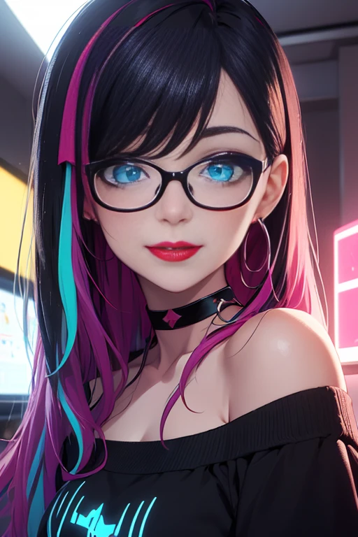 (Best quality, Ultra detailed, Masterpiece:1.2), perfect face, female, gamer girl, aqua eyes, beautiful detailed eyes, cherry-red lips, light smile, long black hair, purple streaked hair, purple highlights, bangs, ribbon, choker, nerdy glasses with black lens frame, black off-shoulder sweater, gamer girl's bedroom, nighttime, neon lights, colorful lights