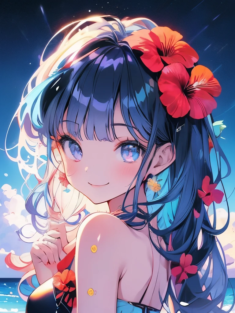 Masterpiece、smile、Anime Girls、Blue Hair、Long Hair、Swimwear、可愛いAnime Girls、smile、((hibiscus))、たくさんのhibiscus、Fractal Art、Gwaiz、Ocean、Palm tree、night