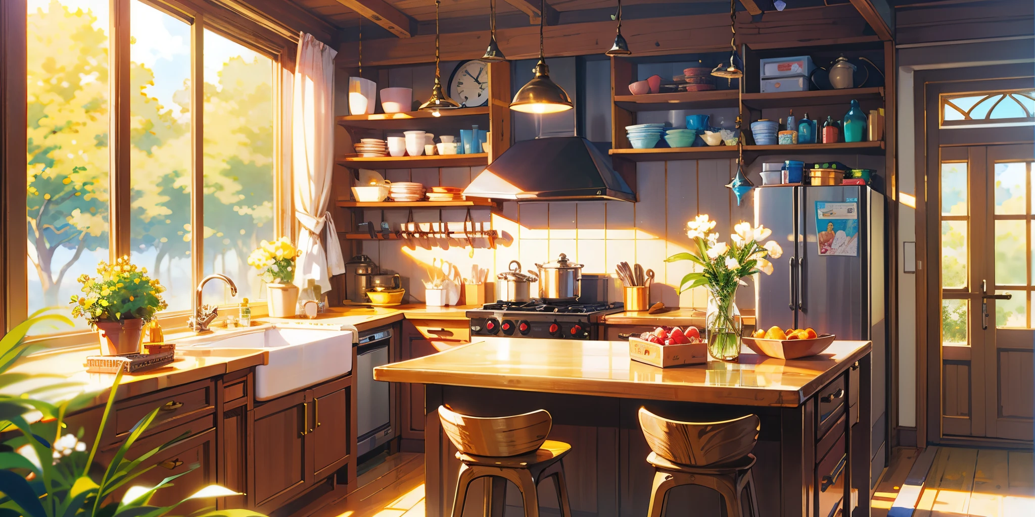 masterpiece,best quality,official art,extremely detailed CG unity 8k wallpaper,outdoors, animal, kitchen,vase,Sunlight,studio ghibli,Warmth,vivid colors, intense lighting,
