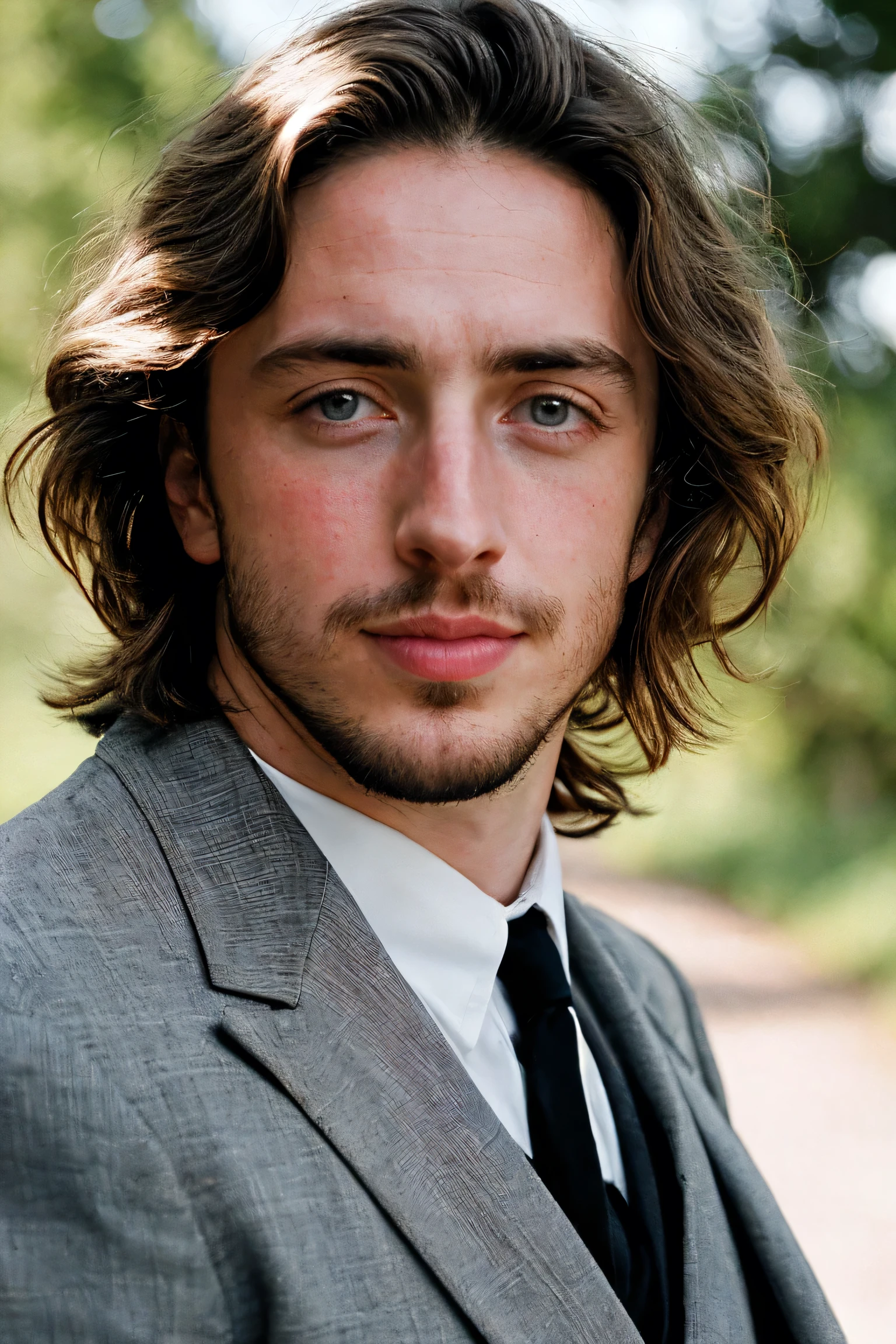 Handsome Men Portrait, shot on leica, shadowplay, gorgeous lighting, subtle pastel hues, outdoors ,1890, medium length hair, face similar toAaron Taylor Johnson