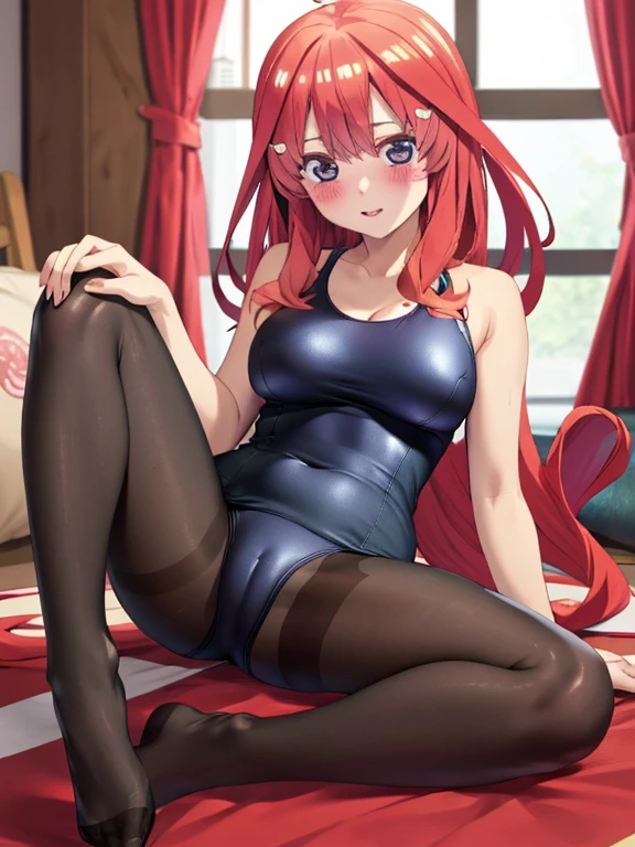best quality, masterpiece, high quality, insanely detailed, ichika nakano, one-piece swimsuit, breasts, pantyhose, blush, leg spread
