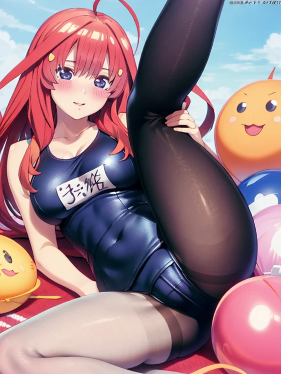 best quality, masterpiece, high quality, insanely detailed, ichika nakano, one-piece swimsuit, breasts, pantyhose, blush, leg spread