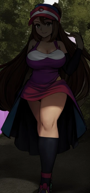 (Pokemon Rosa:1.2), beautiful,masterpiece, (smir),((gigantic breasts)),smile,best quality, cocktail dress outdoors,sunny,(1girl:1.3), wide hips, loose top,  girl, hyper realistic, bending forward, partially breasts, boob window, Slutty , slutty expression