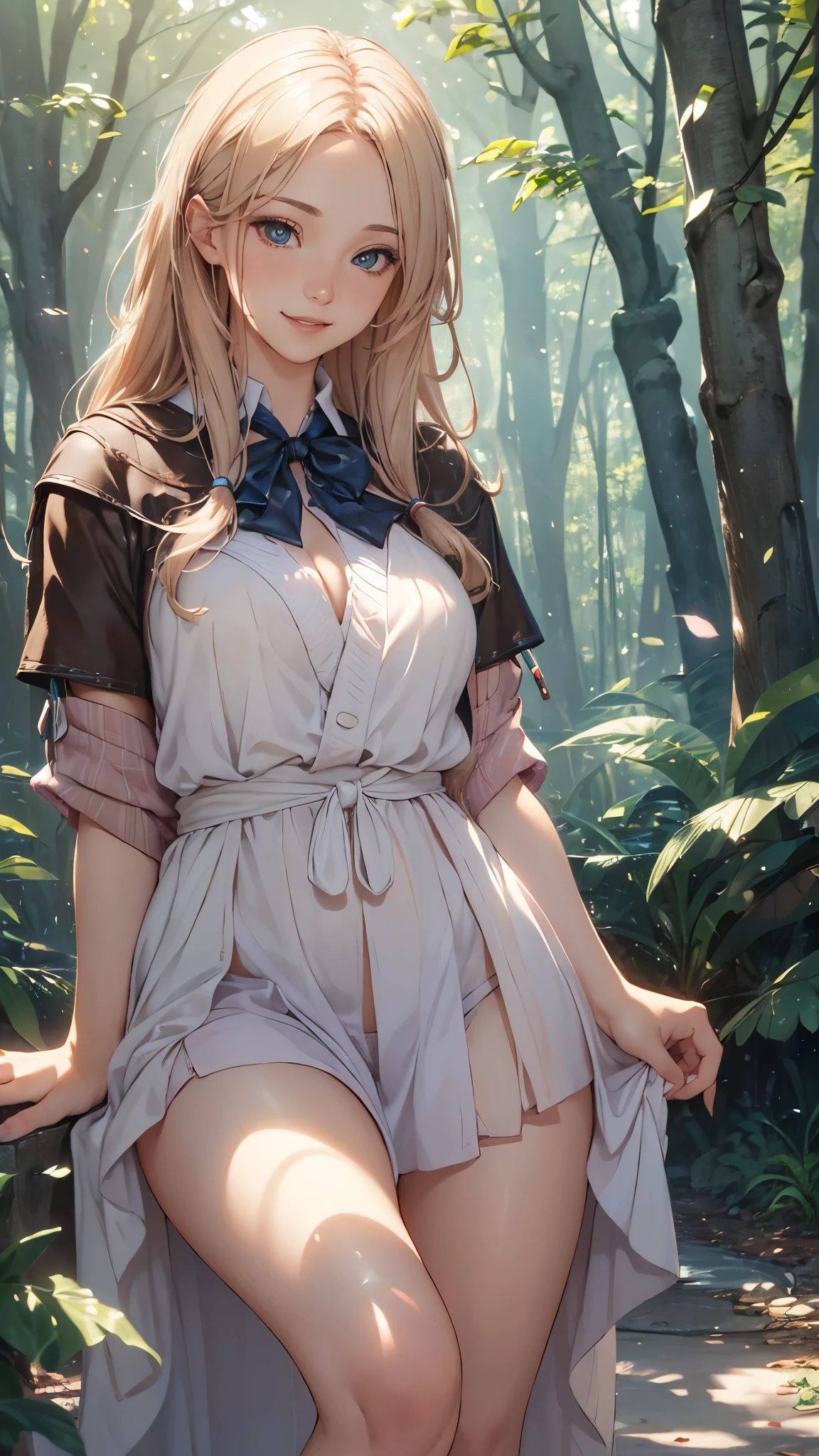A beautiful young woman, 18 years old, grin,grin,wearing a long white maxi dress, socks,short boots,with long flowing blonde hair, grinning with a slightly mischievous expression, standing in a serene outdoor setting, sunlight filtering through the trees, (best quality,4k,8k,highres,masterpiece:1.2),ultra-detailed,(realistic,photorealistic,photo-realistic:1.37),detailed facial features, beautiful eyes, nose, and lips, intricate fabric textures, natural lighting, cinematic composition, vibrant colors, fantasy,ethereal
