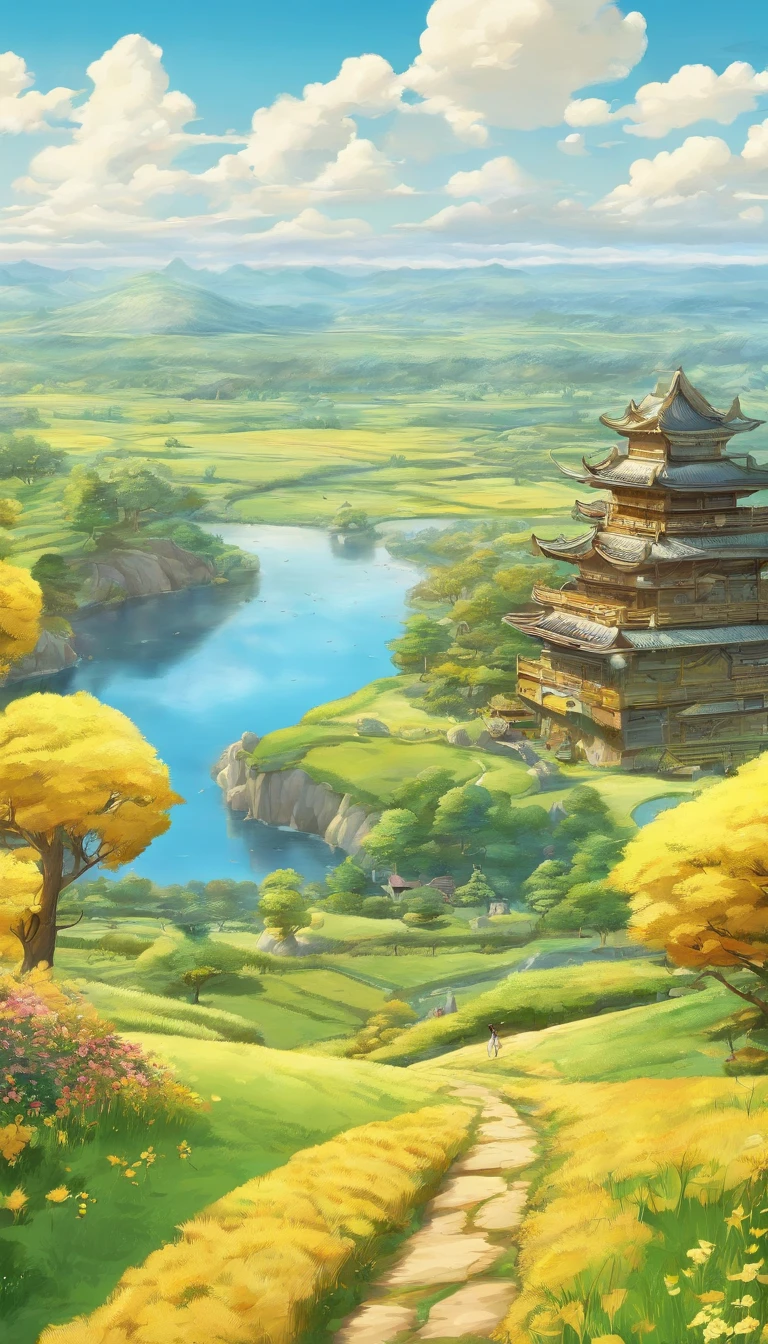 pure scenery,golden yellow as the theme,(((fresh))),((hayao miyazaki painting style)),((beautiful scenery:1.2)),masterpiece,details,beautiful lights,4k,highest quality,(clear and bright),big production,flower,outdoors,nature,leaf,wide shot,scenery,surtr (arknights),((painting:1.3)),natural,cloud,sky,wheat field,summer,terraced fields,colorful,harmonious tone,staggered complex,