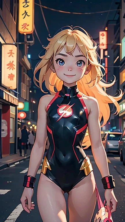 (8k),(masterpiece),(Japanese),(),((innocent look)),((Petit)),From the front,smile,cute,Innocent,Kind eyes,flat chest, Slender, The Flash costume,semi-long,Hair blowing in the wind,Blonde Hair,strong wind,midnight,dark,neon light futuristic city