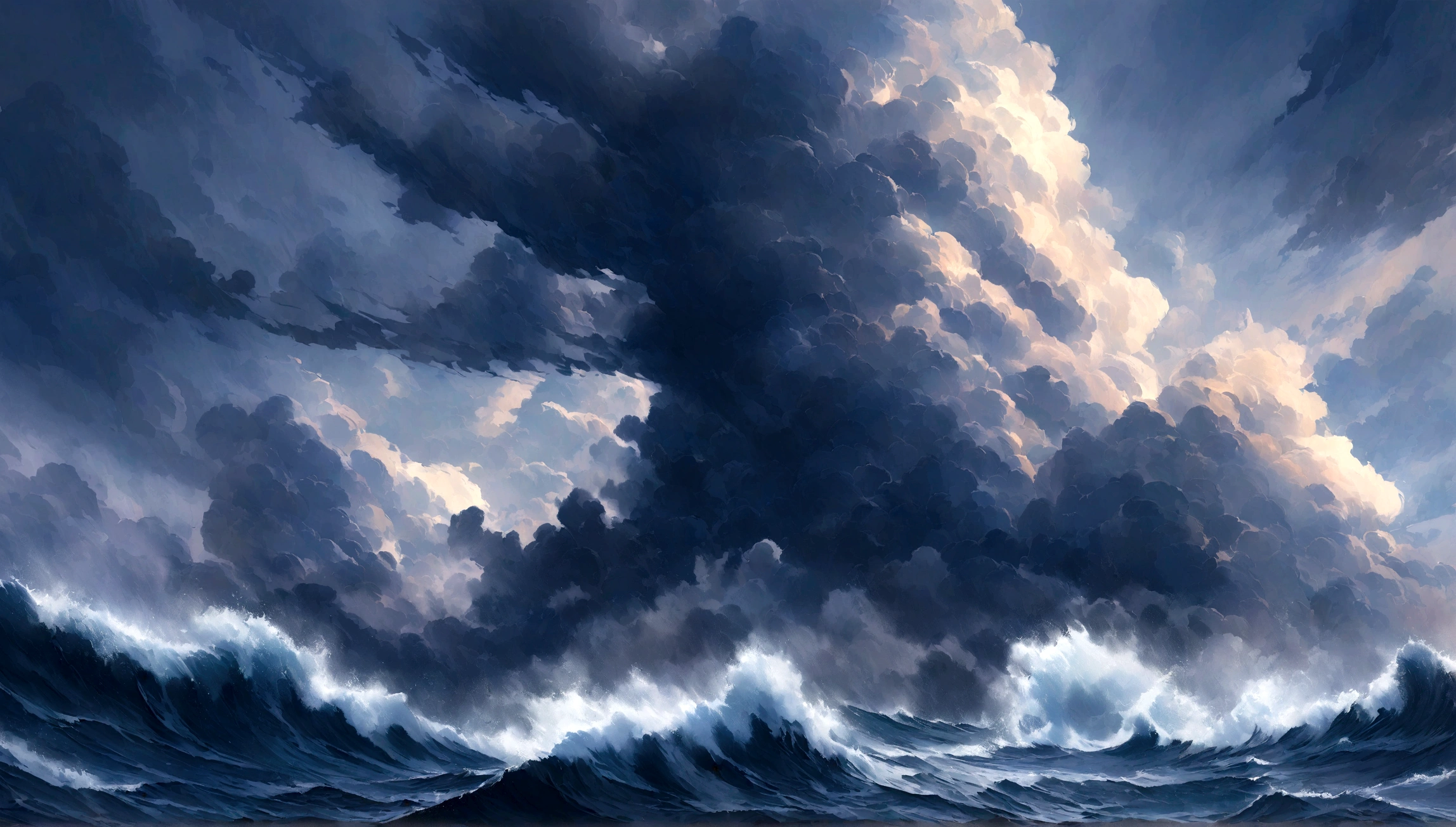 Create an artwork depicting the tension and power of nature as the storm approaches. Sketch lush trees being battered by the wind, towering waves crashing, and birds flying low, seeking shelter. Each brushstroke should convey a sense of fear, the raw force of nature, and the palpable tension in the air.