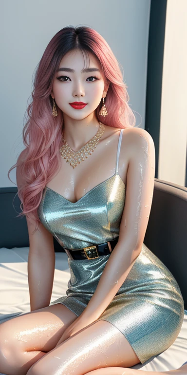 1 girl, Korean model, extremely beautiful, perfect body. Photo taken with Canon EOS EF 200mm f/11 Camera adjusted to sharp landscape and full body shooting mode. 8K photo quality, lifelike, masterpiece, sharpest and highest contrast, large depth of field, stereoscopic lighting. Her hair is pink, long and smooth, the wind blows it beautifully under the bright sunlight. Beautiful face, perfect and sexy, holy, perfectly proportioned, beautiful in every detail, ((shiny)), high-end cosmetic makeup. Bright smile, pure white teeth and details. Attractive glossy red lips, brilliant glossy red lipstick. Brown eyes, glossy, seductive, ((sharp makeup)), realistic, ((wet eyes)), detailed. Pink eyeshadow, long eyelashes, blush, high-end cosmetics. Two delicate eyelids, perfectly beautiful and detailed, black eyelashes. Eyebrows are curved, sparse, sharp and detailed. High and detailed nose. Cheeks are prominent and detailed. ((Bright white skin)), detailed pores, shiny skin, smooth skin. Long, shiny legs. Hands are beautiful, perfect, ((no flaws)), no defects. Complex lighting, yellow-black rays, ((lighting directly on the face)), sparkling sunlight, ((lighting on the front of the girl's body)). Gold and silver earrings, diamond necklace, emerald belt, Rolex watch, thin pink shirt, blue dress, luxurious office, expensive furniture. ((Photo taken of the girl from head to knees)).