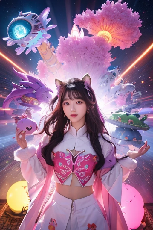 Image of a group of Asian women posing for a photo，（color），cgstation trends，pink skin，cgstation trends，繽紛色color幫派肖像，January），ulzzang，（color），Multi-colored clothes, Popular on bbwchan, Yan Juncheng, Girls' Generation, Pink complexion（（（Many female dancers）））動物illustration，mixed species，different kinds of animals，various species，diverse animals，digimon evolution，ultimate evolution，Perfect body，ultimate body，horse，Anthropomorphic，digimon evolution，ultimate evolution，Perfect body，ultimate body，UFO，有是horse，Anthropomorphic，best quality，Super detailed，Realistic，（像素Art，概念Art：1.2），humor，天horse行空的imagination，quirky style，Cartoon creatures，Crazy combination，chaotic scene，，creativity，Art，mixed species啟發，Pokemon style，Love to play、whimsical、Colorful、Playful、imagination、Mysterious atmosphere、Cute characters、unique design、fictional animals、eye-catching、Attention to detail、Colorful、expressiveness、Entertainment、Unconventional、Stimulate、various kinds，animal diversity，harmonious relationship，peaceful coexistence，animal world，Art表現，Beautifully illustrated creatures，Amazing fusion，hybrid animals，Unusual biological pairings，口袋妖怪Art風格，數碼寶貝關鍵Art，杉森健Art，Maki Haku，位圖Art，釋放imagination，charming depiction，Case，Interesting visual storytelling，Rich creativity，Wonderful composition，自然的Art靈感，迷人的Art作品，Rich narrative，whimsical的故事，Playful的詮釋，富有imagination的設置，獨特的Art表達，Lively and dynamic，images full of energy，stunning details，精心製作的Art品極品，masterpiece，illustration，Mecha，mechanical，Fluffy tail，mechanical腿，（fluorescent色：1.5），（Laser purple light：1.1），Foxfire，fluorescent