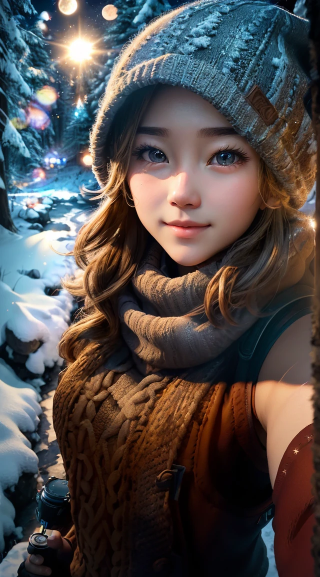 VeronicaCipher ((Upper body selfie, happy)), masterpiece, top quality, ultra detail, solo, outdoors, (night), mountain, nature, (star, moon) cheerful, happy, glove, sweater, hat, flashlight, forest, rock, river, wood, smoke, shadow, contrast, clear sky, analog style (See viewer:1.2) (skin texture) (Film grain: 1.3), (Warm shades, warm tones): 1.2), Close-up, Cinematic Light, Side Light, Ultra High Resolution, Vest Shadow, RAW, Wear Pullover, Kodak Vision 3, japanese, 20 years old, cute