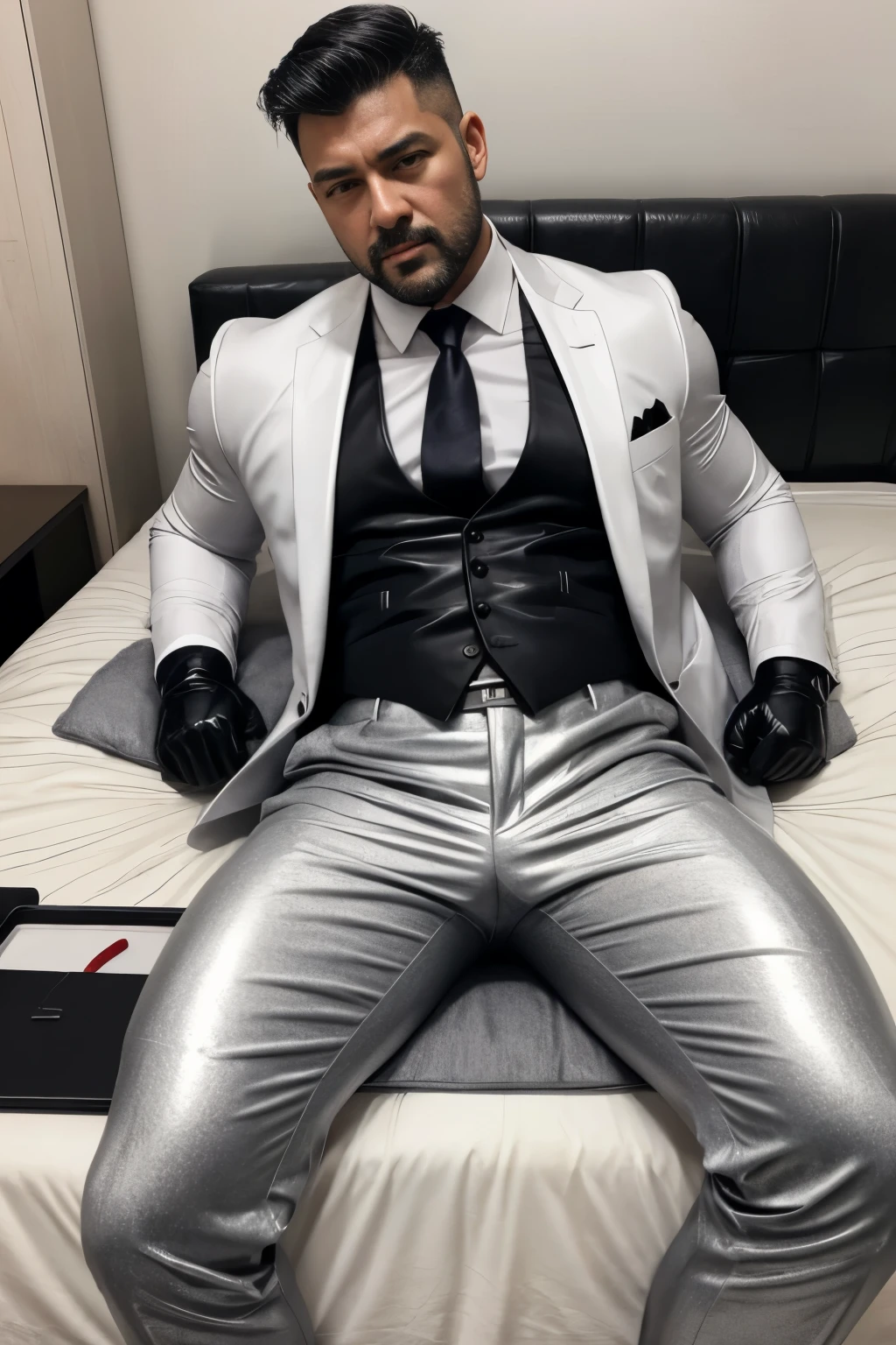 30 years old,daddy,"shiny grey suit ", wear white shirt, very shiny grey pants, very shiny grey waistcoat, Dad was drunk and lie down on the bed,k hd,in the office,"big muscle", gay ,black hair,asia face,masculine,strong man,the boss is,handsome,,leather gloves,lecherous dad,look straight ahead,dad is handsome,dad is handsome ,dad is "horny dad"