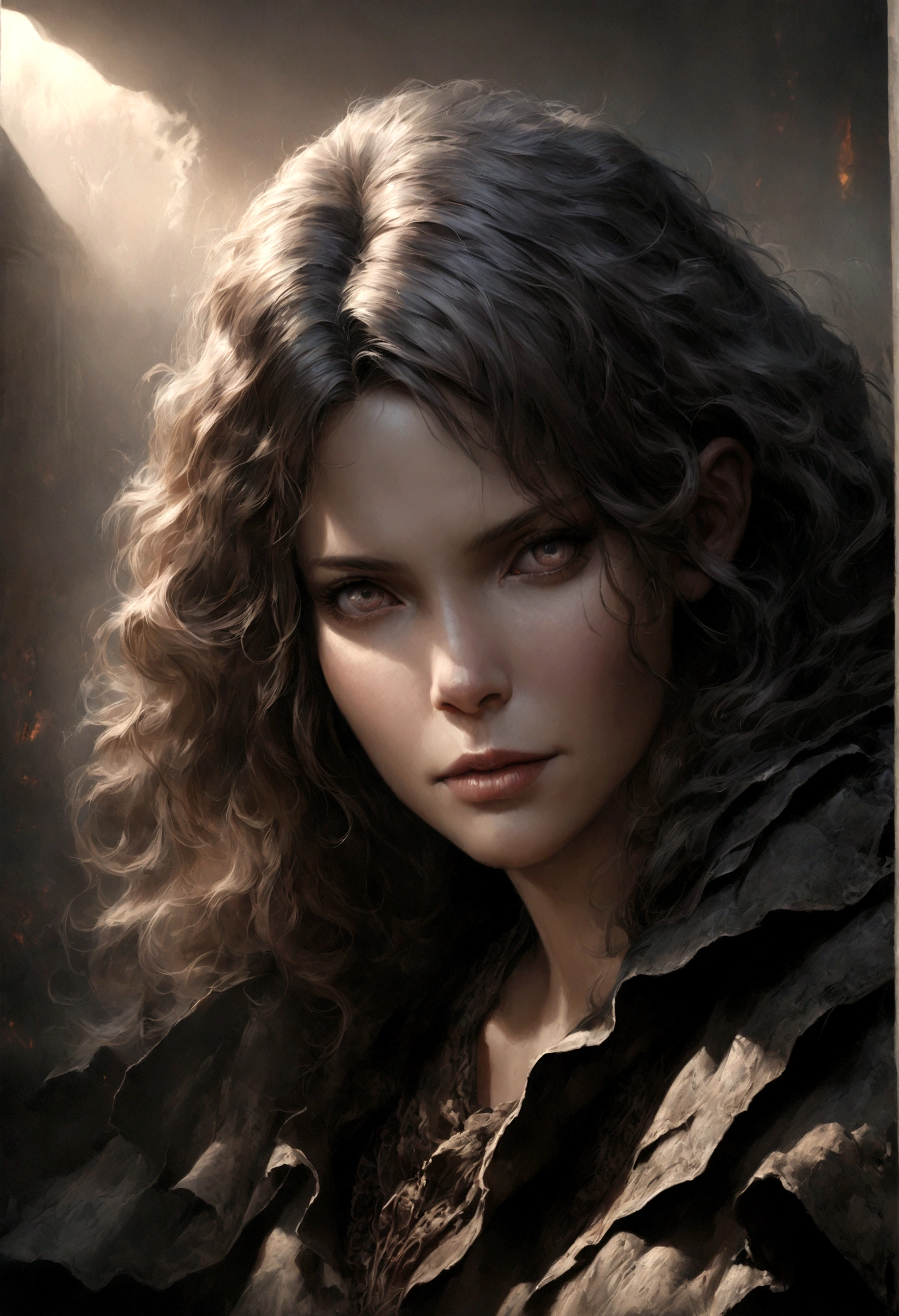 a mysterious otherworldly creature, terrifying atmosphere, fire, smoke, hyper-realism, (best quality,4k,8k,highres,masterpiece:1.2),ultra-detailed,(realistic,photorealistic,photo-realistic:1.37),intricate details, dramatic lighting, dark fantasy, moody, dramatic composition, cinematic, muted colors, dramatic shadows, highly detailed face and eyes, sharp focus