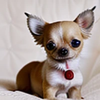 A small Chihuahua dog beige and white. She is sitting on her bed with her blanket in the background