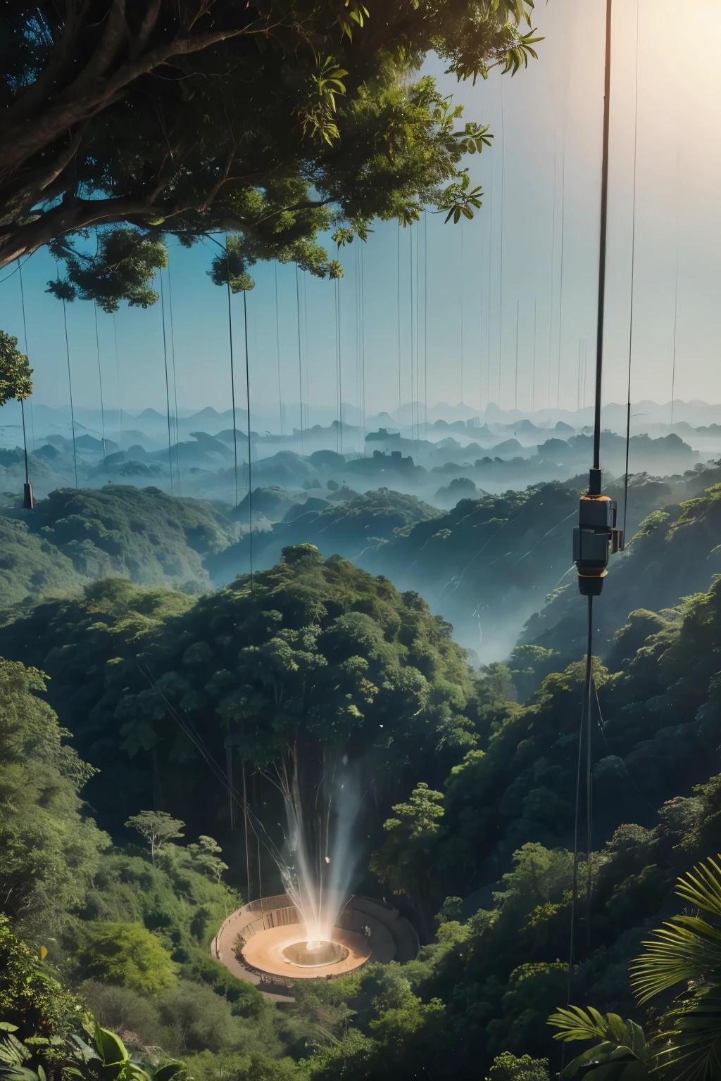 jungle, big trees, view from above, light sky, giantic hole going deep under ground, enormous heart inside hold by big chains, mysterious glow, ultra hd, realistic, vivid colors, highly detailed, UHD drawing, pen and ink, perfect composition, beautiful detailed intricate insanely detailed octane render trending on artstation, 8k artistic photography, photorealistic concept art, soft natural volumetric cinematic perfect light