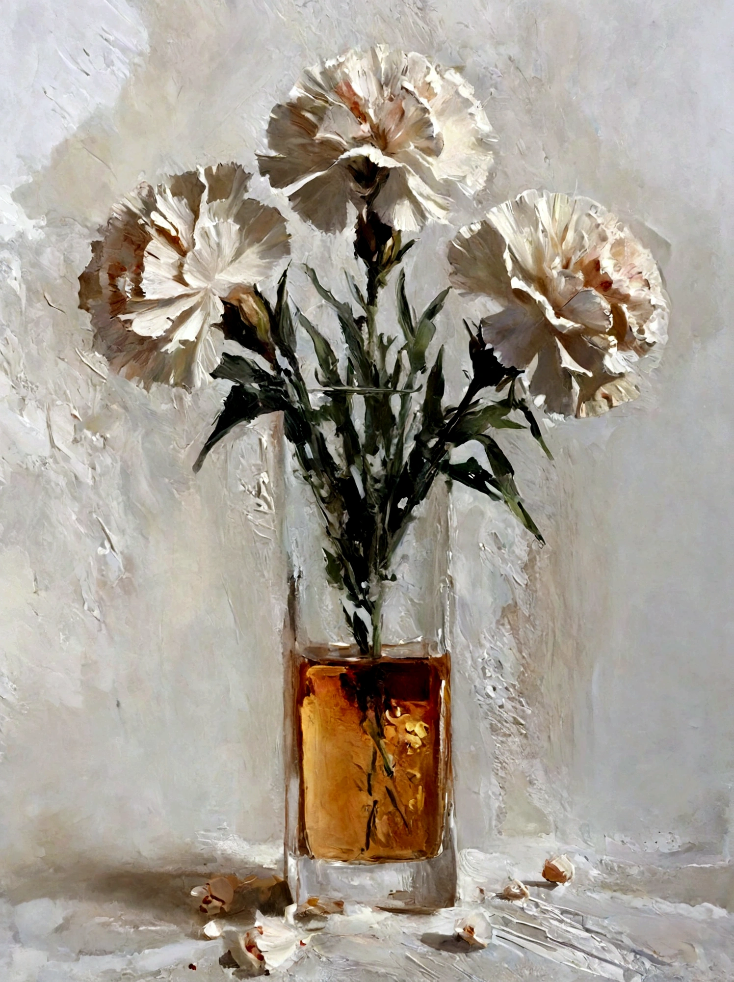 vase，Carnation，Small flowers，Flowers，White background，vanilla，cream，whiskey，Abstract Art，emotion，emotion，Thick textured paint, 