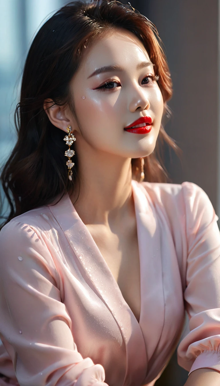 1 girl, Korean model, extremely beautiful, perfect body. Photo taken with Canon EOS EF 200mm f/11 Camera adjusted to sharp landscape and full body shooting mode. 8K photo quality, lifelike, masterpiece, sharpest and highest contrast, large depth of field, stereoscopic lighting. Her hair is pink, long and smooth, the wind blows it beautifully under the bright sunlight. Beautiful face, perfect and sexy, holy, perfectly proportioned, beautiful in every detail, ((shiny)), high-end cosmetic makeup. Bright smile, pure white teeth and details. Attractive glossy red lips, brilliant glossy red lipstick. Brown eyes, glossy, seductive, ((sharp makeup)), realistic, ((wet eyes)), detailed. Pink eyeshadow, long eyelashes, blush, high-end cosmetics. Two delicate eyelids, perfectly beautiful and detailed, black eyelashes. Eyebrows are curved, sparse, sharp and detailed. High and detailed nose. Cheeks are prominent and detailed. ((Bright white skin)), detailed pores, shiny skin, smooth skin. Long, shiny legs. Hands are beautiful, perfect, ((no flaws)), no defects. Complex lighting, yellow-black rays, ((lighting directly on the face)), sparkling sunlight, ((lighting on the front of the girl's body)). Gold and silver earrings, diamond necklace, emerald belt, Rolex watch, thin pink shirt, blue dress, luxurious office, expensive furniture. ((Photo taken of the girl from head to knees)).