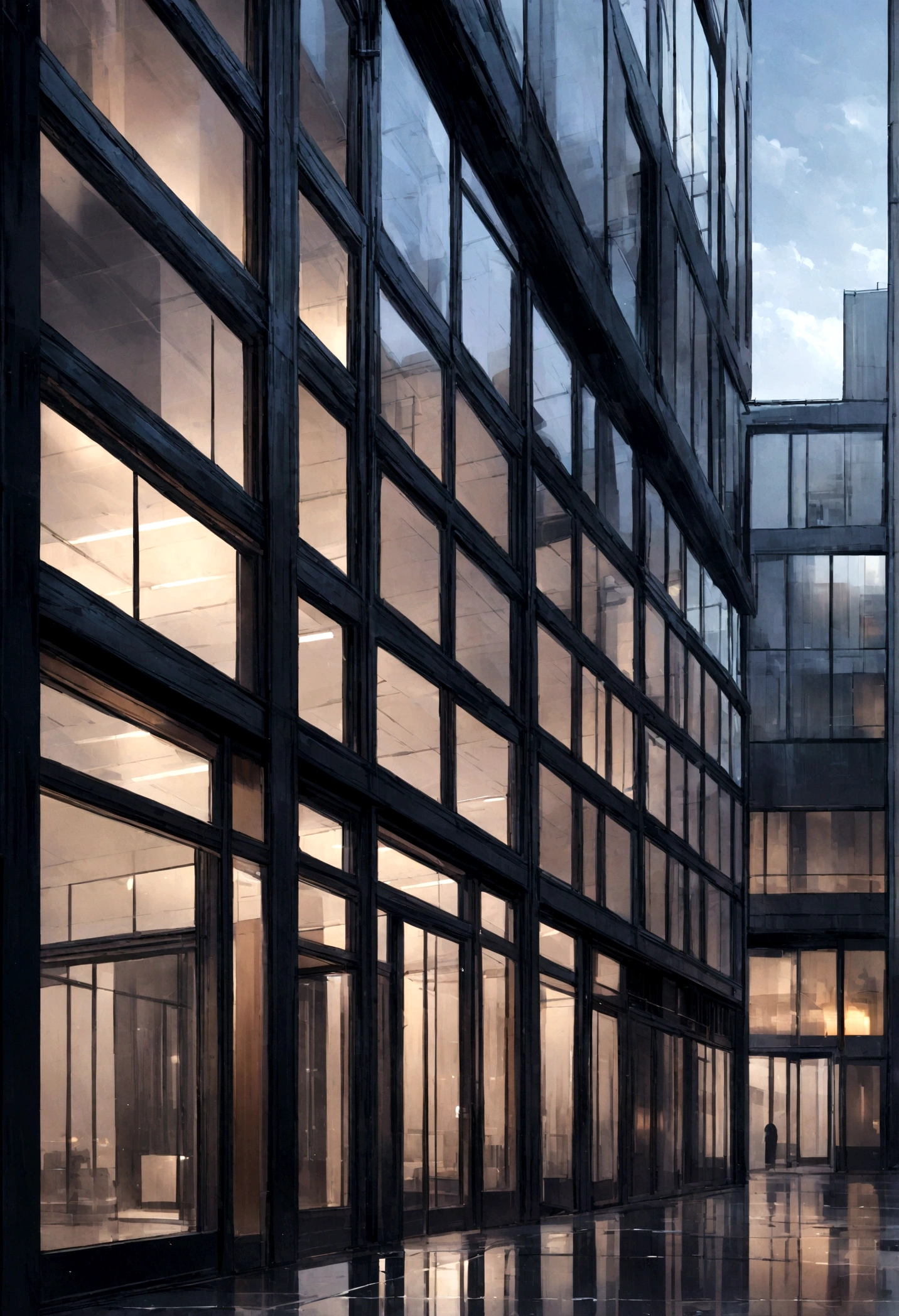 (highres:1.2),detailed view,empty street outside,industrial-style design,large glass windows,modern architecture,reflections from the glass