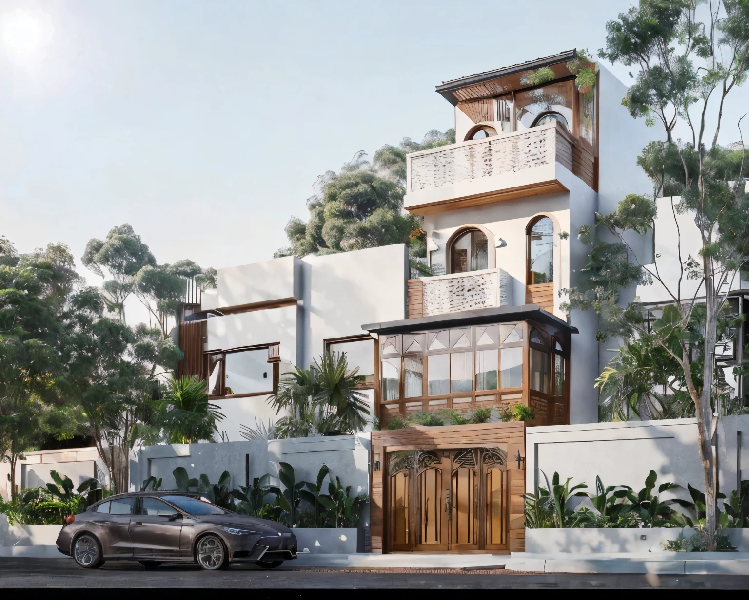 I want to have a image similar with this house. The scale is the same as this house. The balcony is similar with this house. Doors and windows are similar with this house All Materials are different from this house This house have arch glass aluminium door & arch glass aluminium window This house has a big arch gate, with 4 panels, made by wood & iron. This house have wind flower brick railing The front of the house is covered with red bricks no mortar and wood The front of 2nd floor of the house, There is a room made from aluminum and glass walls