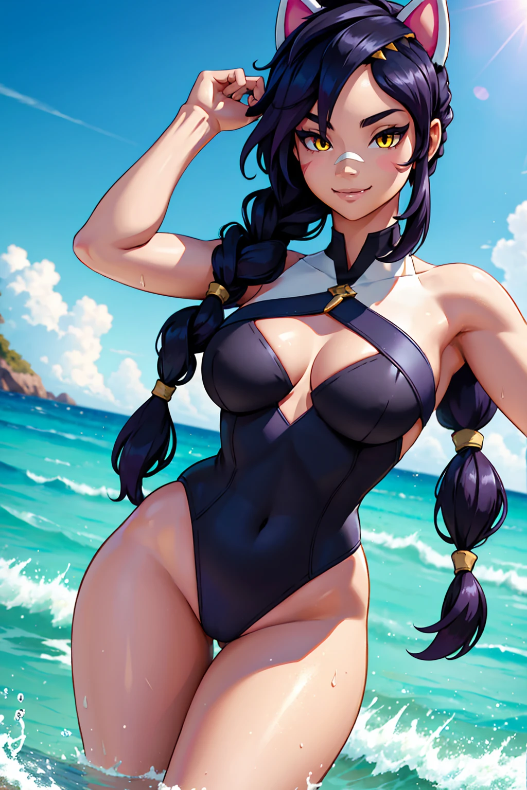 Erisa, 1girl, solo, long hair, looking at viewer, black hair, bandaid on face, yellow eyes, animal ears, smile, bandaid on nose, braid, cat ears, bandaid, bangs, breasts, fake animal ears, simple background, fang, bare shoulders, scar, bare shoulders, closed mouth, hair over one eye, portrait, hair over shoulder, legs, seductive, bathing suit, 2 piece swimsuit, beach, realistic, highly detailed face, detailed eyes, best quality, masterpiece, ultra detail, ultra high res, extreme detail, 8k, uhd, voluptuous