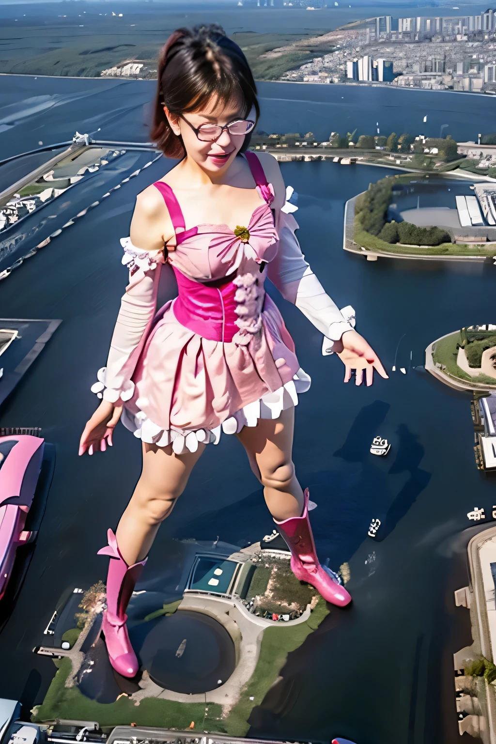 giantess art, highly detailed giantess shots, giantess, Two legs, Five fingers, short hair, A beautiful girl who is bigger than a skyscraper, Wearing rimless glasses, smile, Big Breasts, pink dress, bow, magical girl, holding a magical wand, black pantyhose, pink stiletto heels, thunderbolt from a magical wand, Destroying cities, A very small big city, Miniature metropolis, Full body description, GTS, giga giantess, stomping city, crash city, tiny city, micro city, pantyhose feet, High resolution, highest quality, masterpiece, peeing self,
