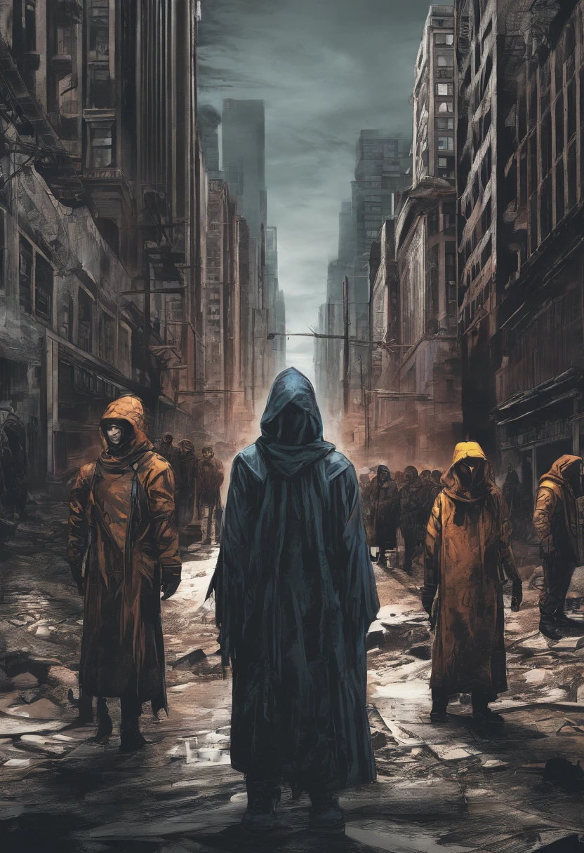 A group of people dressed in colorful hoods are protesting against injustice. The scene is set in a busy city street, with the protestors chanting slogans and holding signs. The mood is angry and defiant, and the atmosphere is charged with emotion. The style is abstract, and the image is rendered using a digital art technique