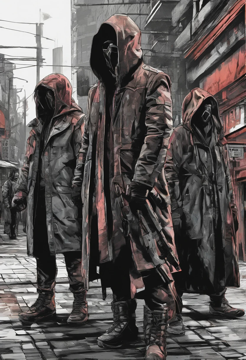 A group of people dressed in colorful hoods are protesting against injustice. The scene is set in a busy city street, with the protestors chanting slogans and holding signs. The mood is angry and defiant, and the atmosphere is charged with emotion. The style is abstract, and the image is rendered using a digital art technique