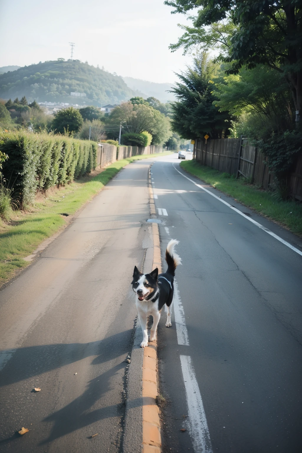 Road，one person，A dog