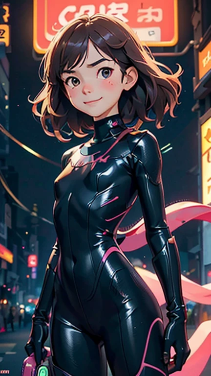 (8k),(masterpiece),(Japanese),(***************),((innocent look)),((Petit)),From the front,smile,cute,Innocent,Kind eyes,flat chest, Slender, Catwoman costume,semi-long,Hair blowing in the wind,Brown Hair,strong wind,midnight,dark,neon light futuristic city