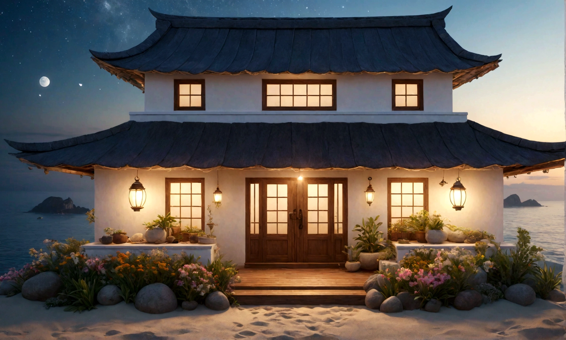 evening、Close-up of a door with white walls on either side、Rounded retro fantasy seaside house front door、Herb garden in front of the wall、Warm light is coming from the windows of the house、Old-fashioned lanterns create a warm atmosphere.、The house is surrounded by white beaches and the sea、eveningの不思議なビーチ、Fantastic sea and beautiful starry sky、Fairy dust floating in the air、Mysterious spheres of light flying around、The overall atmosphere is dreamy and tranquil.。Different world、Different dimension、Very realistic、Realistic、Surreal、masterpiece、highest quality、High resolution、8K、3D Rendering、Depth of written boundary、16:9