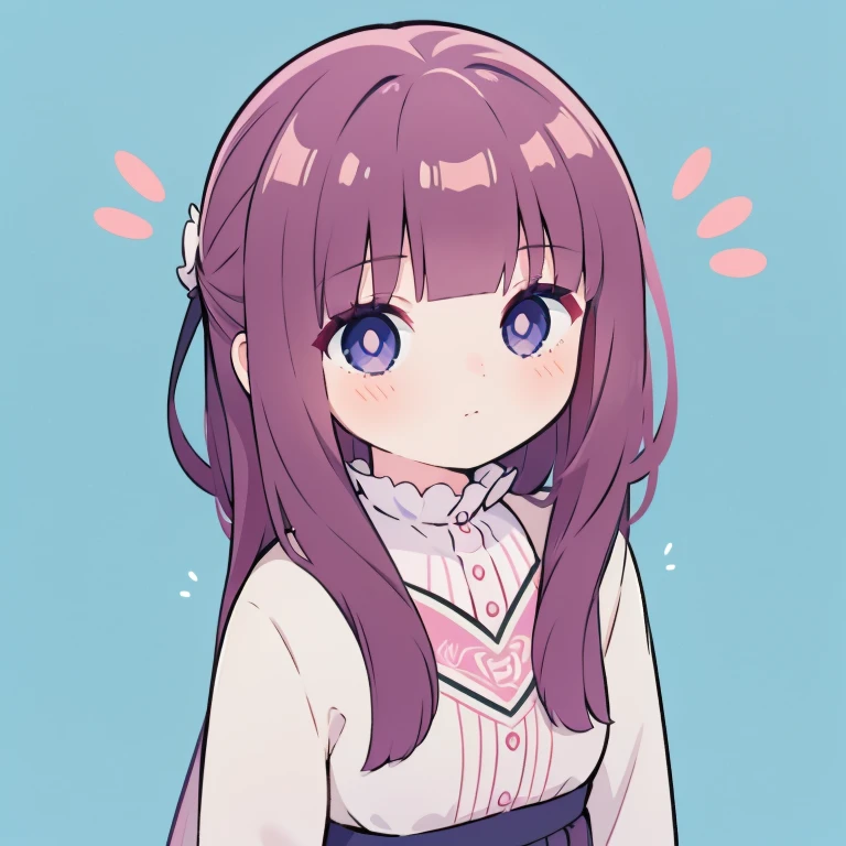 color,1 girl, flower, solitary, pink flower, brown hair, Bangs, Blue Background, blush, skirt, Rose, blue eyes, Upper Body, Keep, flower束, pink Rose, have