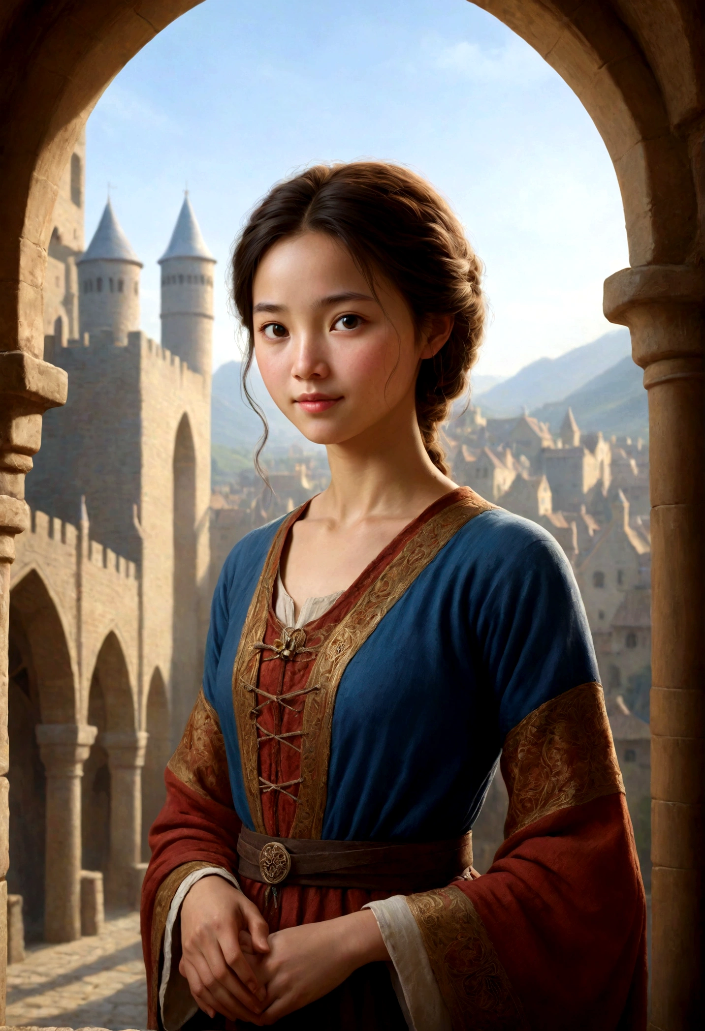 Girl in the Middle Ages, Happy, hope, Close-up portrait, Complex, elegant, Volumetric lighting, scenery, Digital Paint, Very detailed, Art Station, Sharp focus, figure, Conceptual Art, Luan Jia, Steve McCurry