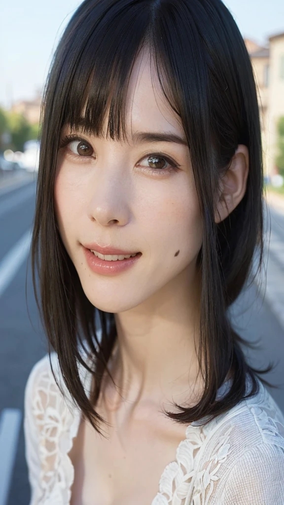 (Tabletop, highest quality、Ultra-high resolution、Very attractive adult beauty、Add strong highlights to the eyes、Please look closely at the camera:1.4、Really beautiful bangs:1.4、Short brunette bob hair(With bangs):1.4),One Girl, solo, Black-haired, scarf, hat,, Realistic, Looking at the audience, Light-coloured black eyes, short hair, coat, Winter clothes, White headscarf, Lips, Lip gloss,Bans, Upper body、Big eyes、Eyelashes)、((Italian road system、Hyper Realistic Stick:1.4))、((With bangsshort hair:1.4、Beautiful 46-point bangs:1.4、Big eyes、Give students a very strong highlight、Very large breasts、Staring at the audience、Very beautiful beauty、Listen carefully、Long neck、Smile a little、Beautiful Teeth、Open your mouth and laugh))、28 years old、Very cute supermodel