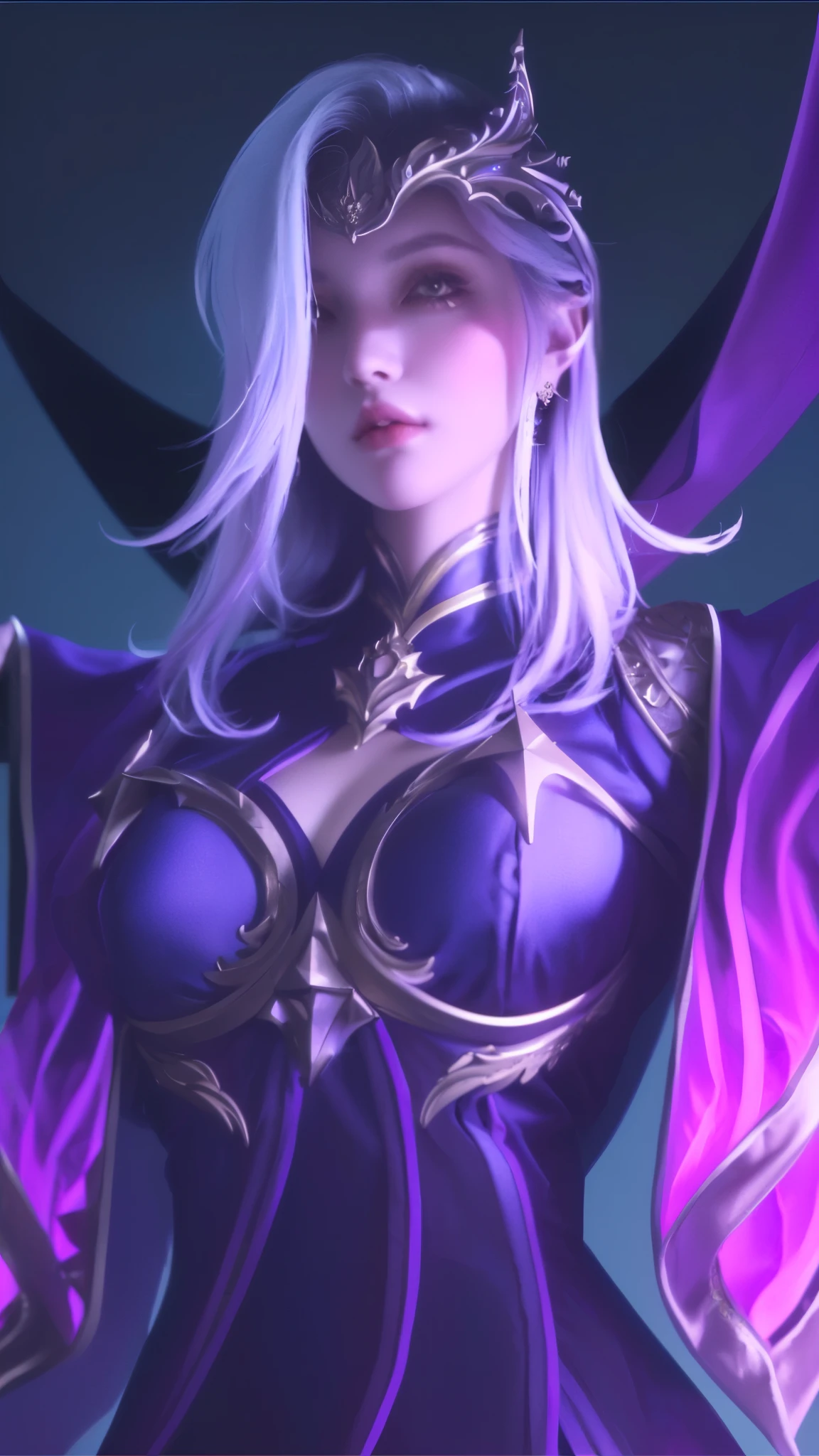 a realistic portrait of a woman with a purple and black outfit, portrait knights of zodiac girl, beautiful mature woman, highly detailed, intricate, ornate, exquisite, dramatic lighting, cinematic, chiaroscuro, dramatic shadows, glowing eyes, ethereal, mystical, celestial, cosmic, digital art, concept art