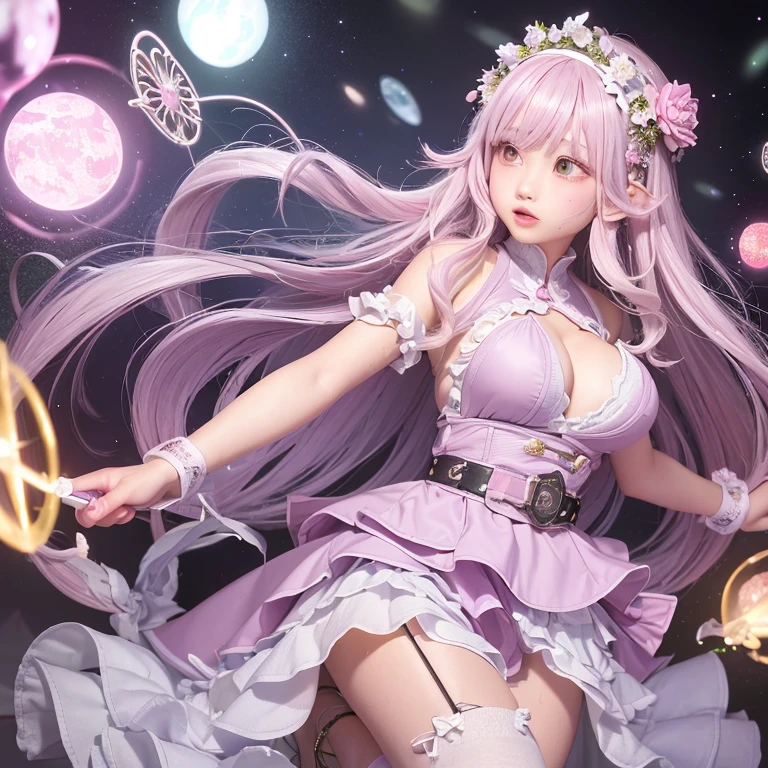 The upper part of the body、one girls、i have silver hair color、Two-tone、(Pink Highlight Hair、Curly hair,floral headband、very Bigger breasts、Sorcerer、whore、idol、garterbelts、off shoulders、Dancing、Jumping、Has a shining wand、Countless glowing spheres float、Glowing soap bubbles、