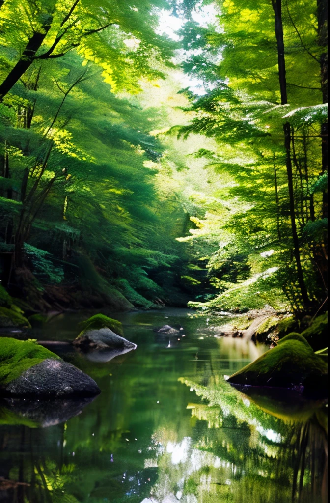 in a quiet forest、water surface