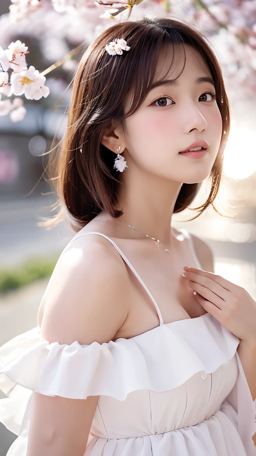 Create a realistic photo of a woman in profile in a cherry blossom snowstorm.
[Female features.
Beautiful Japanese woman of 20 years old
Transparent white skin
Natural pink makeup matches the cherry blossoms.
Long transparent black hair, loosely curled only at the ends
Sheer white dress with bare shoulders
Fingers gently touching the petals
Background, etc.
Overall whiteness and a veil of light with a hint of pink
Cherry blossoms and a blizzard of cherry blossoms
Light shining through.