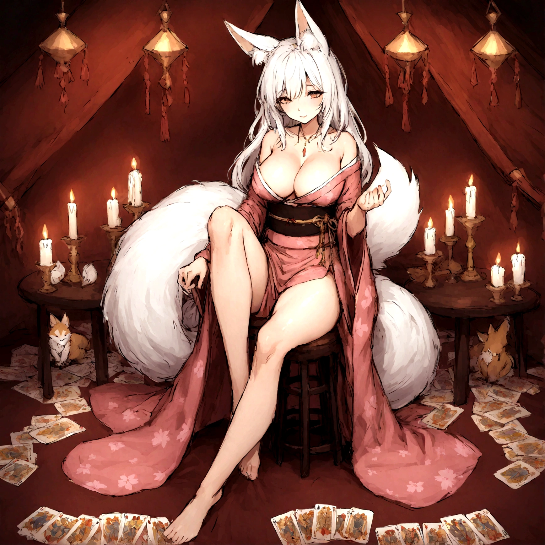a sexy milf, has very long white hair, breasts, showing cleavage, has fox ears, wearing sakura kimono, in a gypsy tent, reading a crystal ball and surrounded by tarot cards, surrounded by candles, mystical, showing legs, sitting on cloth laden stool, has a table in front of her, has a fox tail
