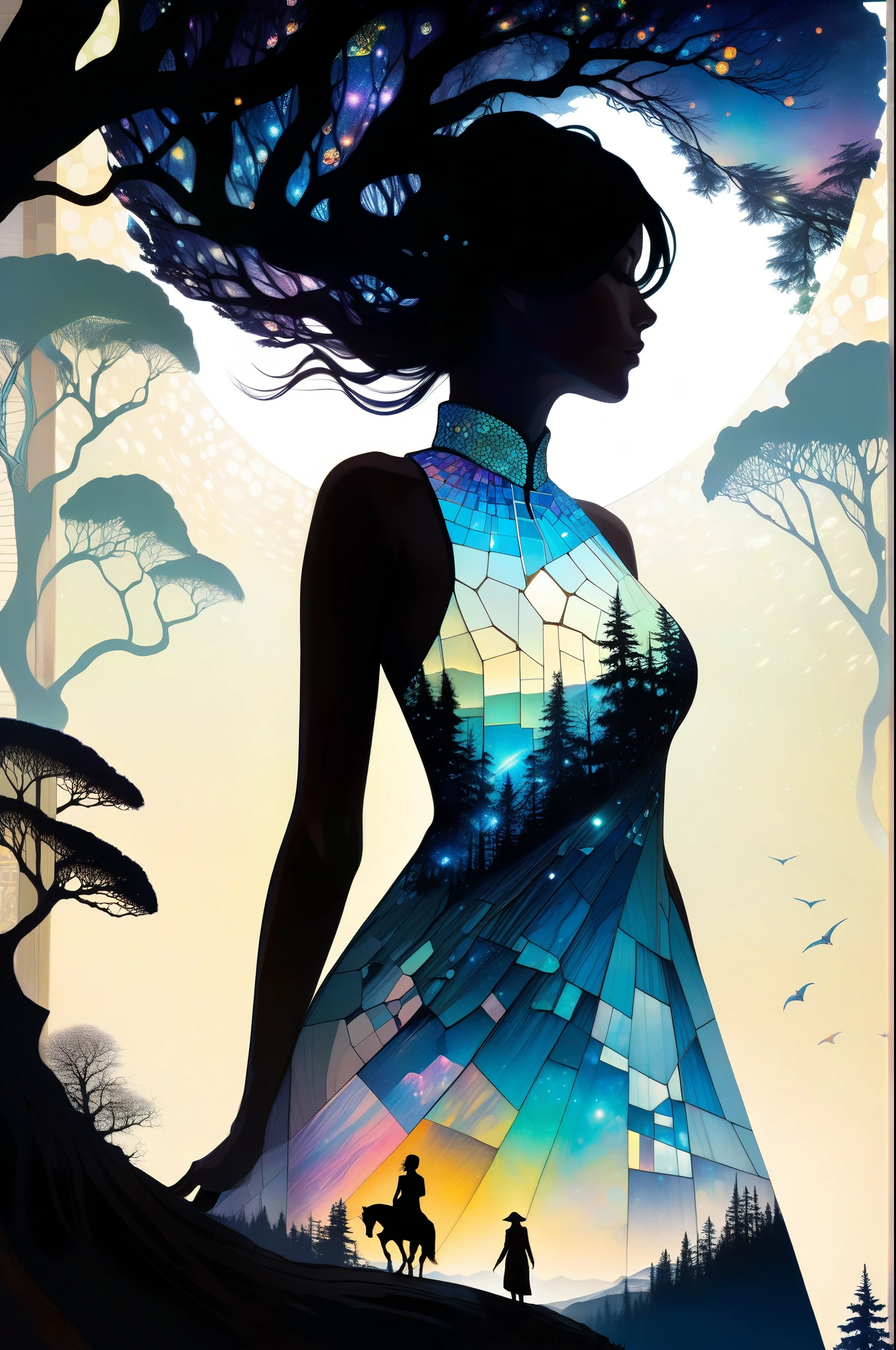 Futuristic utopia, Adventure, Aether, Kraken, Nebula, Verdant, Canvas, Spontaneous Human Combustion, Voyage, Lovely, Grateful, horse, (Double exposure:1.3) photo of a sexy lady made of mosaic of iridescent crystal glass with sub scattering mirror surface imposing onto transparent tree hollow trunk in living brocade underbust dress made out of flowers, bokeh sky by Peter Gric, Conrad Roset, Brandon Kidwell, Andreas Lie, Dan Mountford, Dan Witz, Agnes Cecile, Jeremy Mann, fine art, super dramatic moonshine, silhouette photo illustration, amazing depth, intricate detailed fine cracked surface, stunning atmosphere, mesmerizing whimsical vibrant scenery, complex masterwork by head of prompt engineering