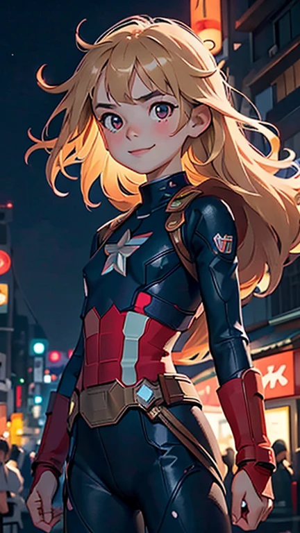 (8k),(masterpiece),(Japanese),(8--old l),((innocent look)),((Petit)),From the front,smile,cute,Innocent,Kind eyes,flat chest, Slender, Captain America costume,semi-long,Hair blowing in the wind,Blonde Hair,strong wind,midnight,dark,neon light futuristic city