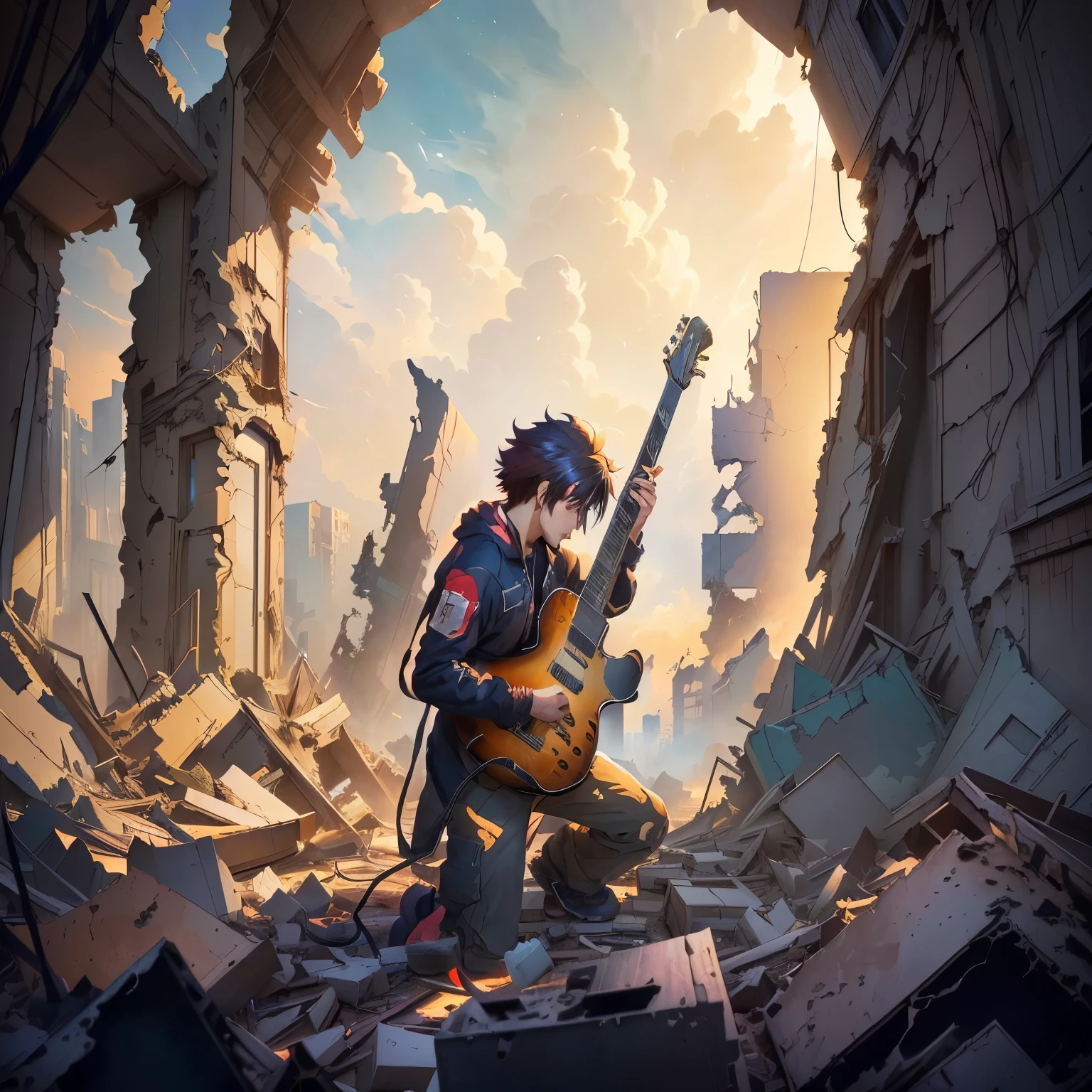 Anime - Style image of a man playing a guitar in a destroyed building., official artwork, high detailed official artwork, Makoto Shinkai Cyril Rolando, Artwork in the style of gouache, detailed cover artwork, artgerm and atey ghailan, official art, Epic anime artwork, album cover, anime style 4k, Anime style digital art, In the ruins