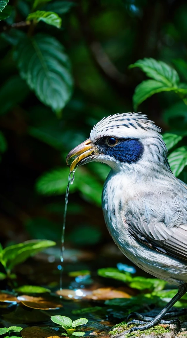 macro photo of a bird drinking water in the forest, dusk, mushrooms, dewdrops, highly detailed bird, beautiful detailed eyes,beautiful detailed beak,extremely detailed feathers and plumage,realistic bird anatomy, photorealistic style, high contrast, dramatic lighting, Studio Ghibli style, lush forest background, soft focus, bokeh, hyper-realistic, 8k, best quality, masterpiece