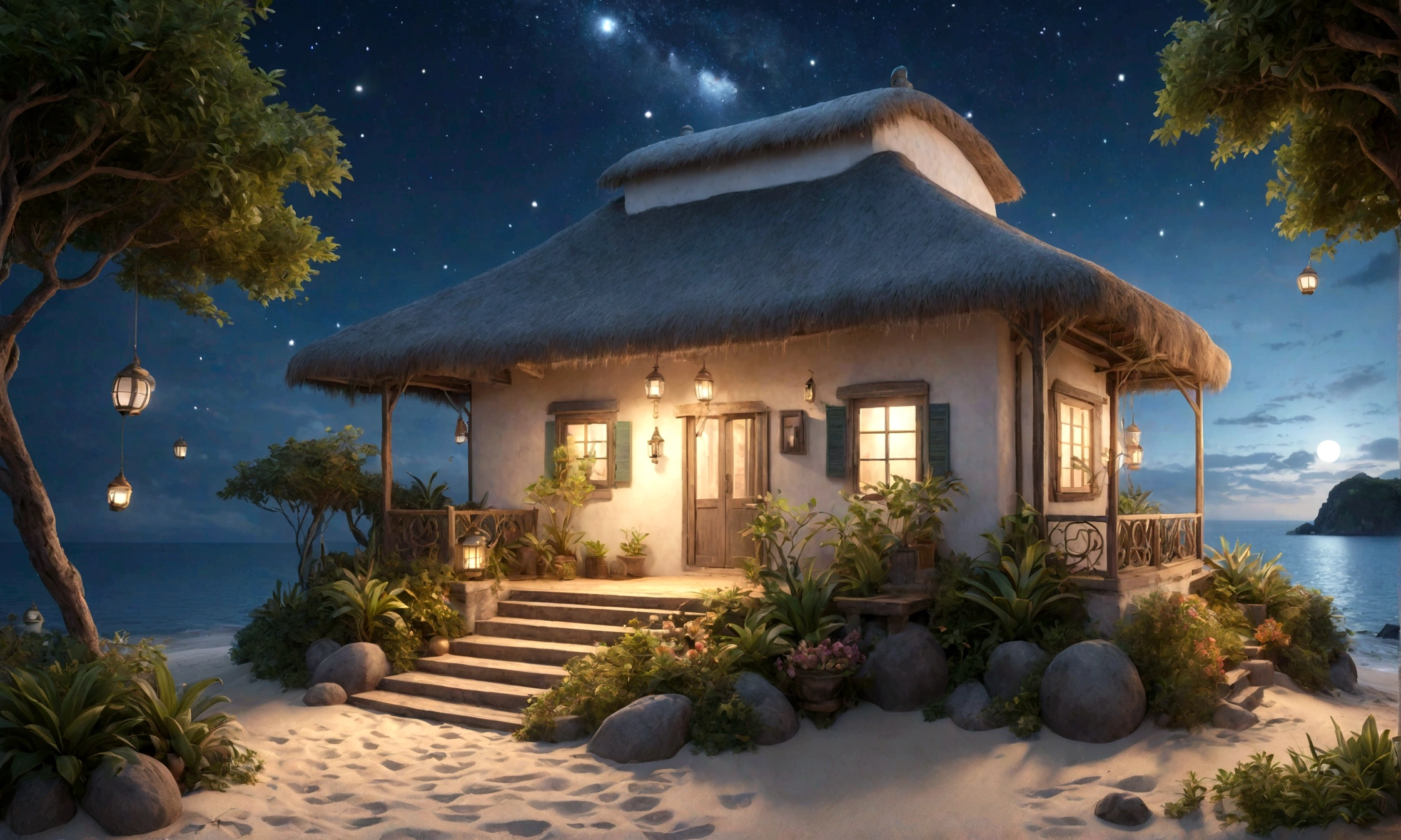 evening、Retro fantasy rounded seaside house with white walls、Herb garden around the front door、The roof and parts of the walls are covered with plants.、Warm light is coming from the windows of the house、Old-fashioned lanterns create a warm atmosphere.、The house is surrounded by white sand and the sea.、Mysterious beach on a deserted island、Fantastic sea and beautiful starry sky、Fairy dust floating in the air、Mysterious spheres of light flying around、The overall atmosphere is dreamy and tranquil.。Different world、Different dimension、Very realistic、Realistic、Surreal、masterpiece、highest quality、High resolution、8K、3D Rendering、Depth of written boundary、