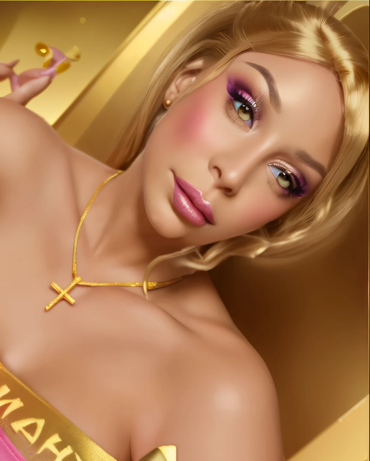 Glamour look , beautiful makeup , Barbie theme background , golden Bikini