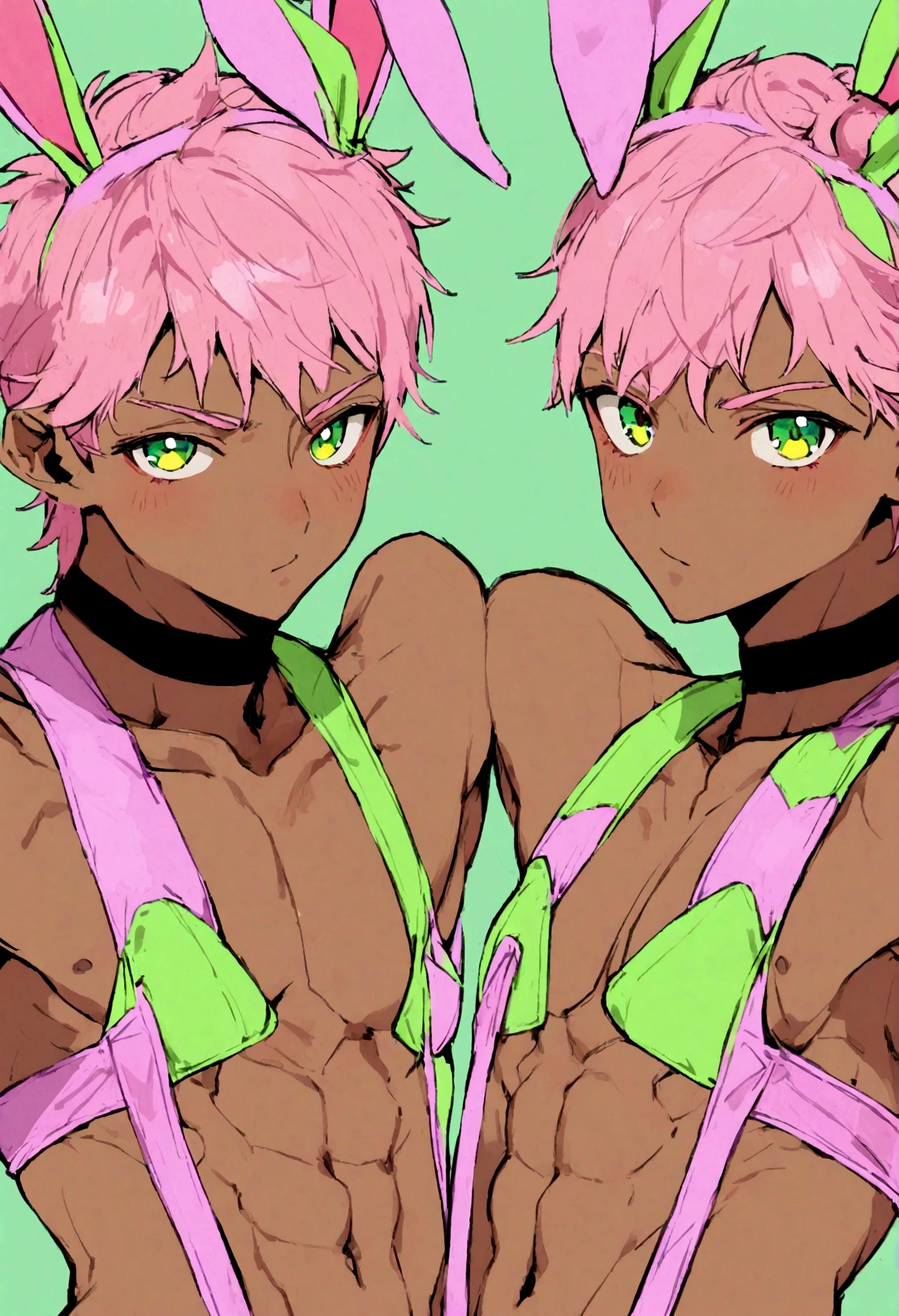 Man, abs, dark skin, twink, sexy bunny outfit, pink hair, cutie patooie, green eyes