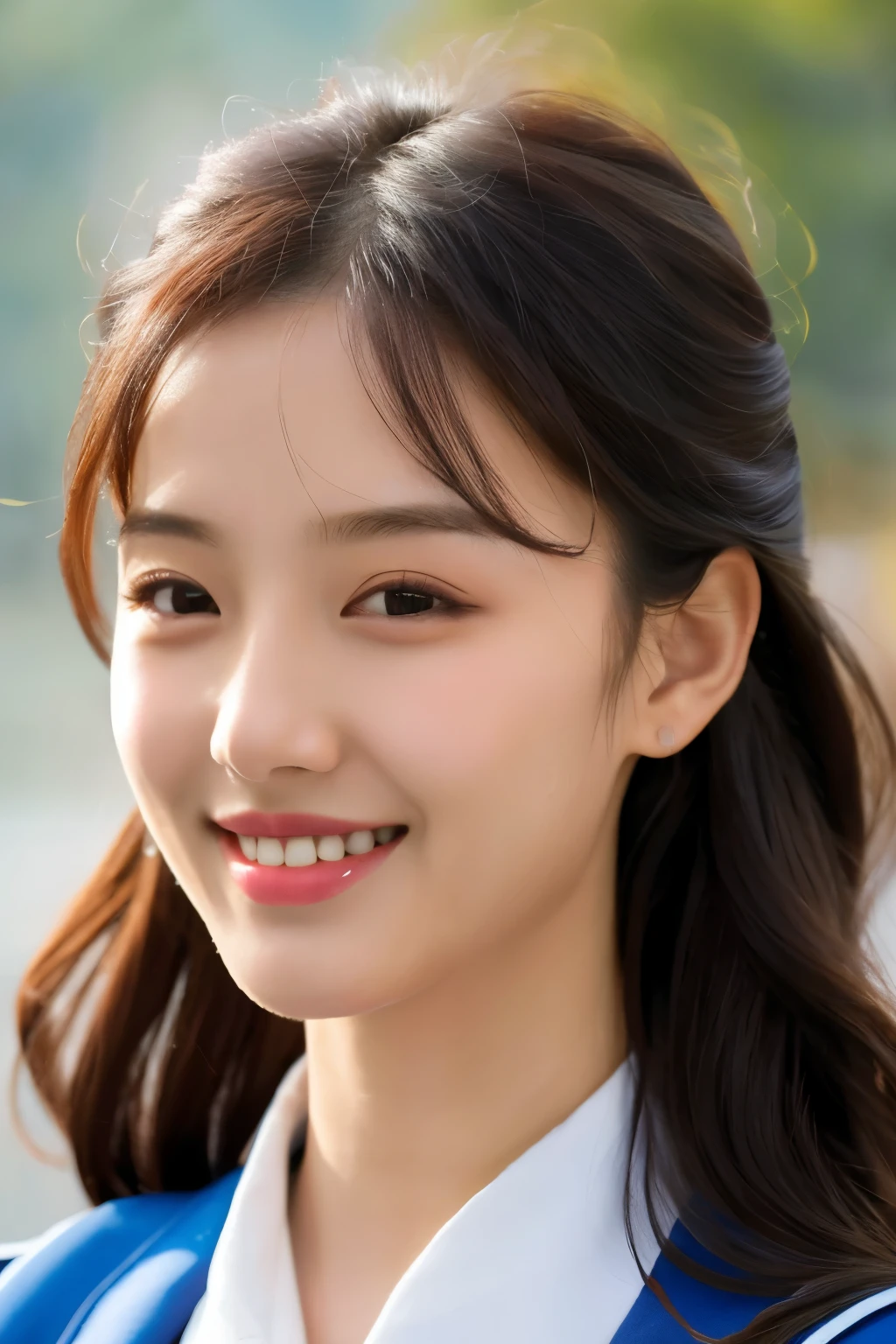 (8K), (best quality: 1.2), (Practical), (Reality: 1.37), Ultra HD, 1 Chinese girl, Lovely, Smile, Shut up, Makeup， Beautiful details, Beautiful nose, Half Body, Wet hair, Uniforms