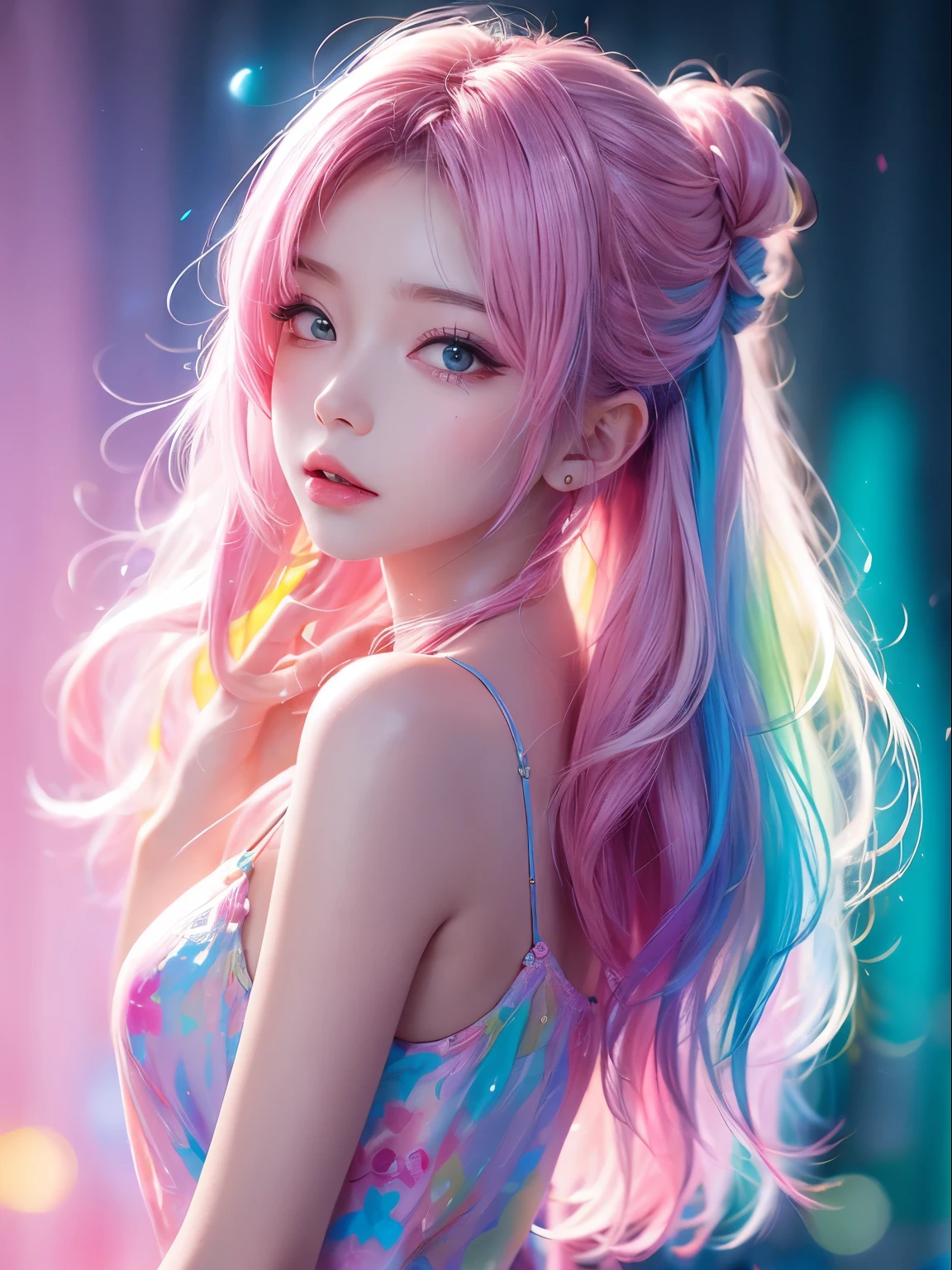Pastel wind painting, rainbow colours, high quality painting, masterpiece, 4k, animation, pretty girl, pink side-tail hair, pink dress,