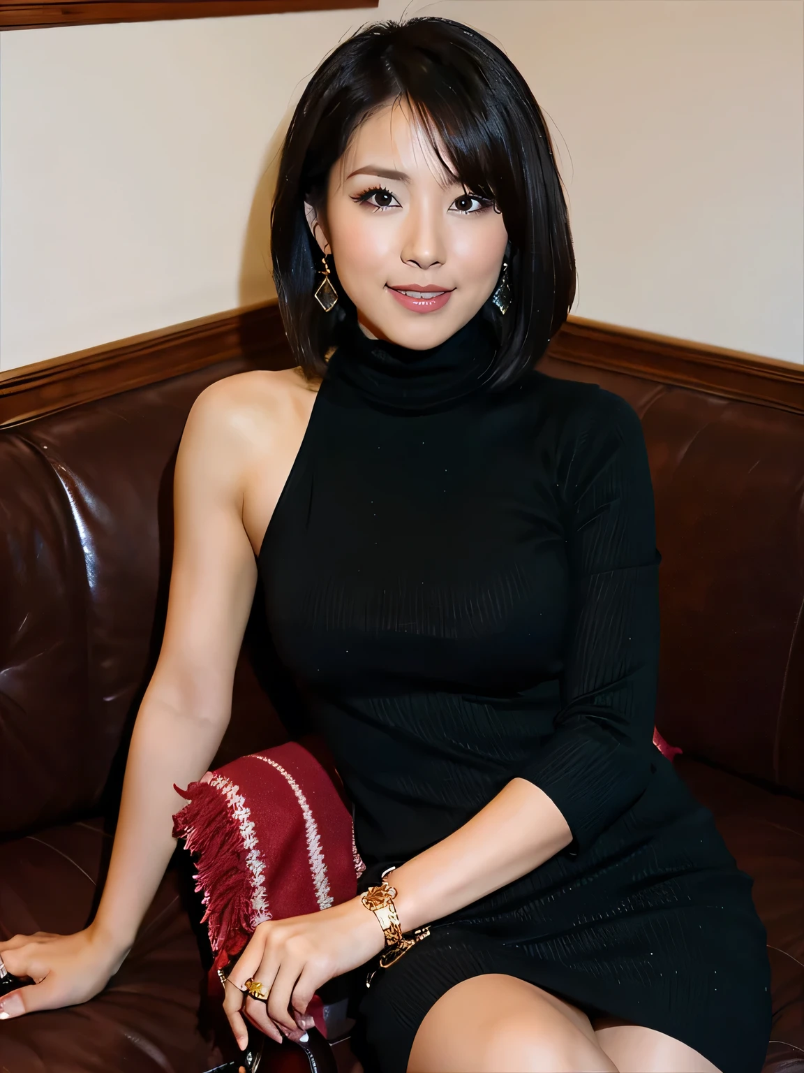 (RAW Photos:1.2), (Realistic:1.4),Beautiful detailed woman,Very fine grain and face, fine grain, Very detailed,High resolution, highest quality,8k wallpaper,masterpiece,highest quality,1 female,alone,rich,Whole Body Ezbian,(A little thick:0.9),Toned figure,,Tight waist,alone,(Black High Neck Knit Dress,slit,High heels),Gold earrings,Bobcut,A kind smile,A dignified atmosphere,black eye,Realistic,sofa、Cherry Blossom