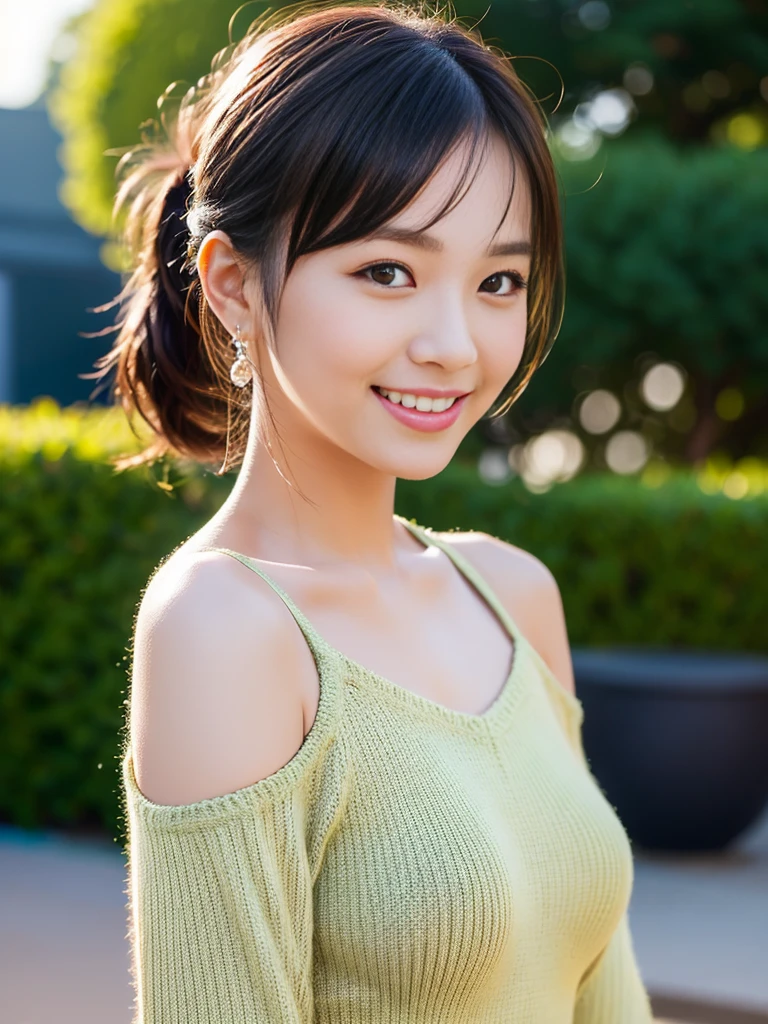 a gorgeous lady, age 18, in an light-color Asymmetrical Open Shoulder Knit Tight Dress, posing naturally under night sky, dimpled smile, short ponytail, cute snaggleteeth, well-endowed round bosom, photorealistic, beautiful detailed eyes, hyper-realism, high contrast, ultra HD, realistic skin textures, top image quality, top-quality, super high resolution, fine details, very meticulously, bokeh background, close-up shot head to waist 