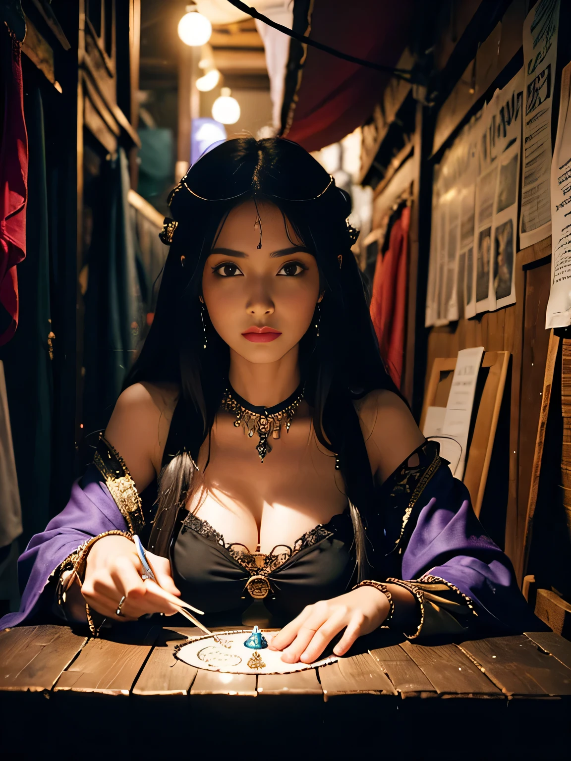 A highly decorated fortune teller's tent stands in a dark alleyway, Inside, an woman in a strange gypsy costume sits at a table, her hands on a crystal ball and a Ouija board